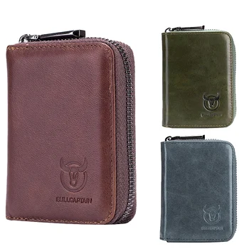 

BULLCAPTAIN Leather Men Wallet Card Pack Zipper Card Case Holder Credit Card Bag Short Coin Purse