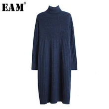 [EAM] женское Вязаное синее платье в полоску большого размера, новинка, водолазка с длинным рукавом, свободный крой, модная одежда, весна-осень, 1M547