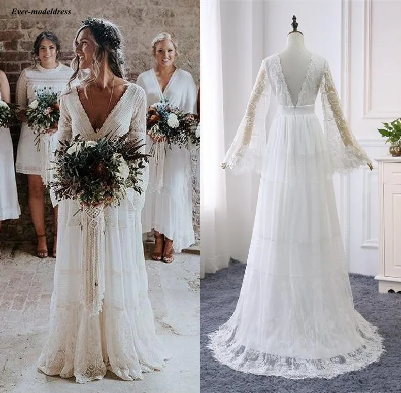 

Vestidos Bohemian Lace Wedding Dresses Long Sleeves 2020 V-Neck Beach Country Bridal Gowns Robe De Mariee