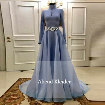 

Long Sleeves High Neck Blue Muslim Evening Dress Arabic 2020 Elegant Women Dubai Prom Party Gowns