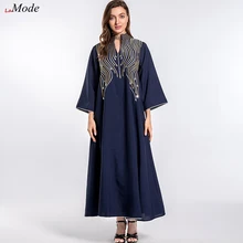 

Modest Muslim Embroidered Evening Party Dresses Dubai Middle East Islamic Women Clothing Stand Collar Autumn 2022 Arabic Robe