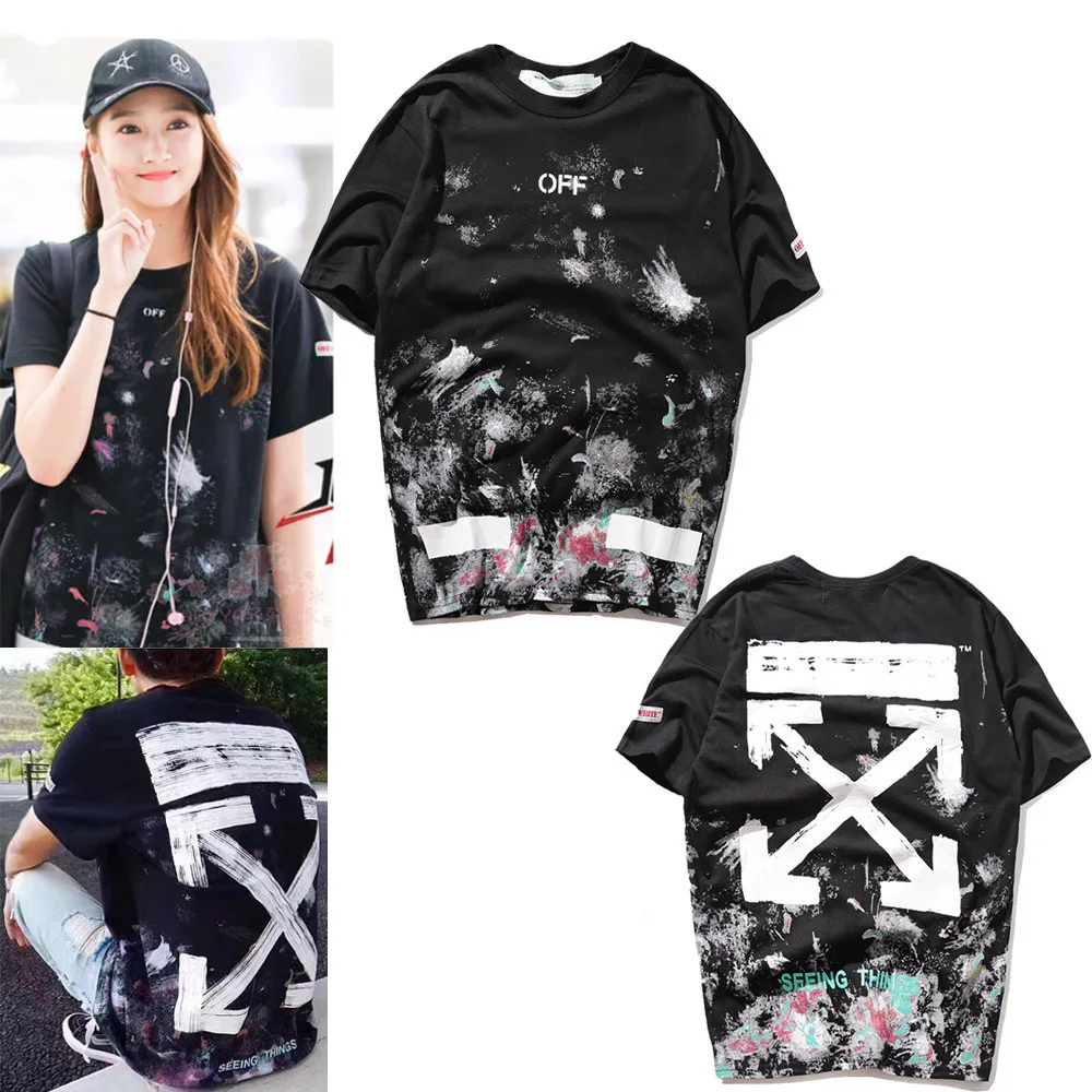 

OFF white- new OW WHITE youth slash stripe print men and women loose short sleeve T-shirt