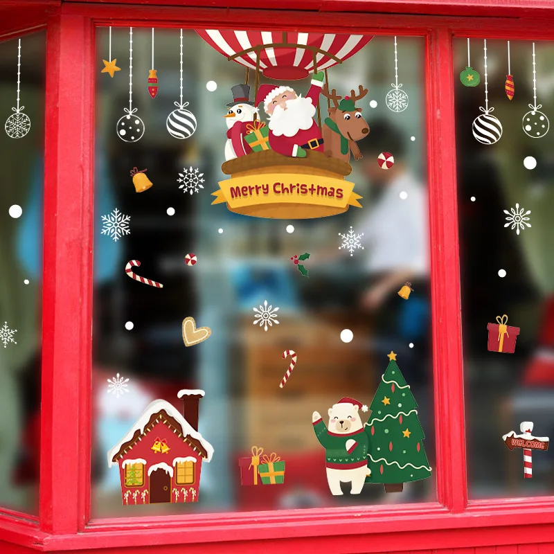 Hot Air Balloon Christmas Wall Decor New Year Window Decoration Lovely Snowman Stickers PVC Vinyl Wallpaper Waterproof | Дом и сад