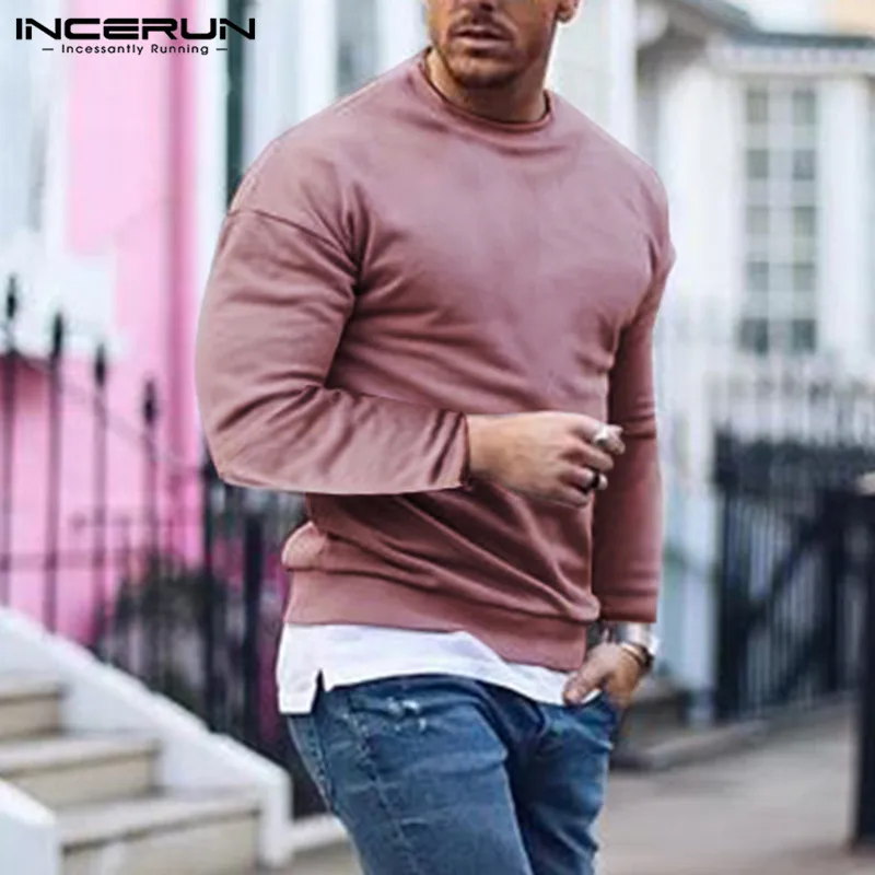 

INCERUN Fashion Men Hoodies Long Sleeve Round Neck Solid Chic Autumn Streetwear Sweatshirts Casual Men Pullovers 2019 Plus Size