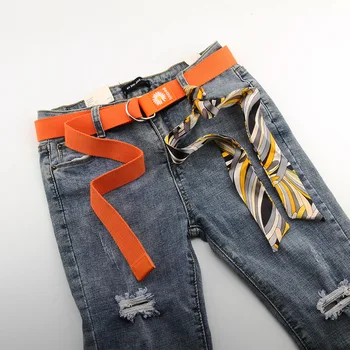 

130cm New Fashion Solid Color Canvas Belts Metal Double Ring Canvas Waist Belts Casual Waistband Black White Belt With Ribbon