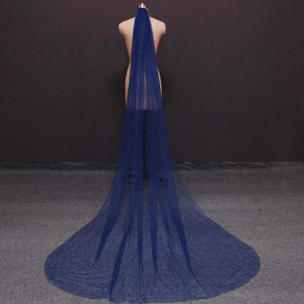 Navy Blue Pearls Wedding Veil 3 Meters 