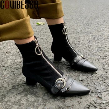 

COVIBESCO Women Ankle Boots Autumn New Pointed Toe Buckle Strap Shoes Woman Genuine Leather Thick Heels Front Zip Stretch Boots