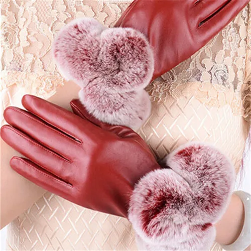 Модные женские теплые толстые зимние перчатки, кожаные элегантные брендовые варежки для девочек, свободный размер с кроличьим мехом, женские перчатки