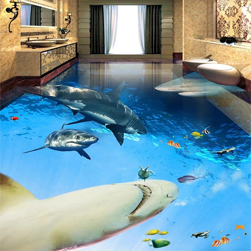 Custom PVC Self-Adhesive Waterproof Floor Mural Wallpaper 3D Underwater World Horror Shark 3D Floor Painting Floor Tiles Sticker another world the transcendental painting group
