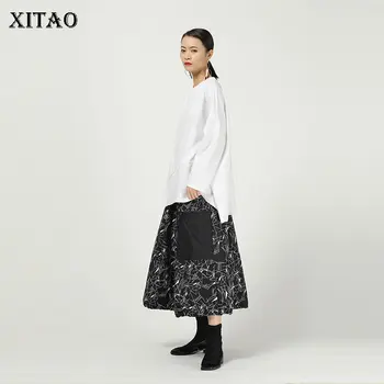 

XITAO Loose Pattern Skirt Fashion New Women 2020 Spring Elegant Small Fresh Elastic Waist Patchwork Pocket Casual Skirt XJ3421