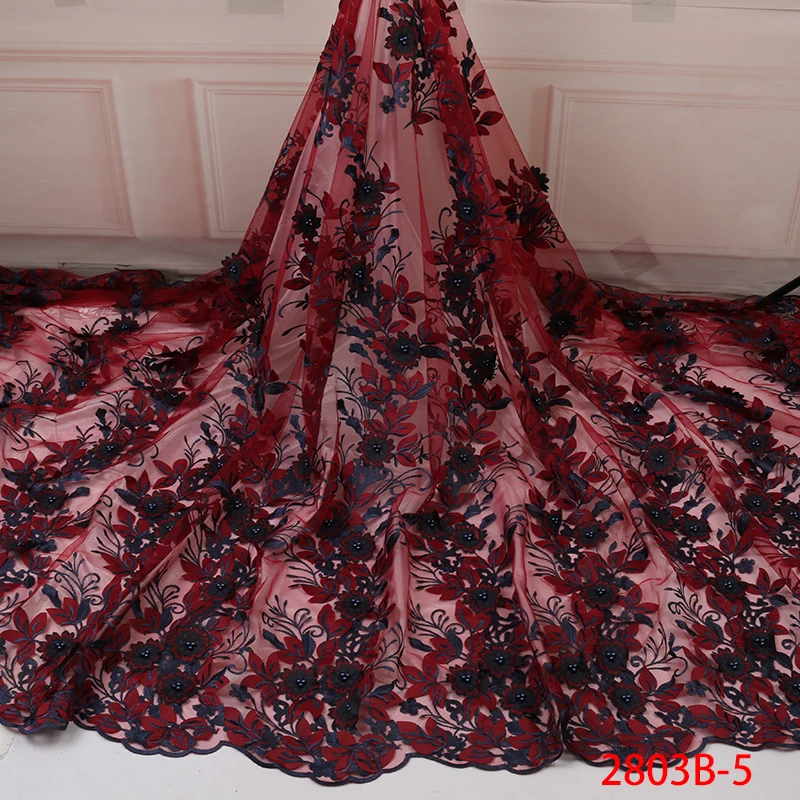 

New High Quality 2019 Tulle Beaded French Nigerian Lace Fabrics Pearls Embroidered African 3d Lace Fabric QF2803B-5