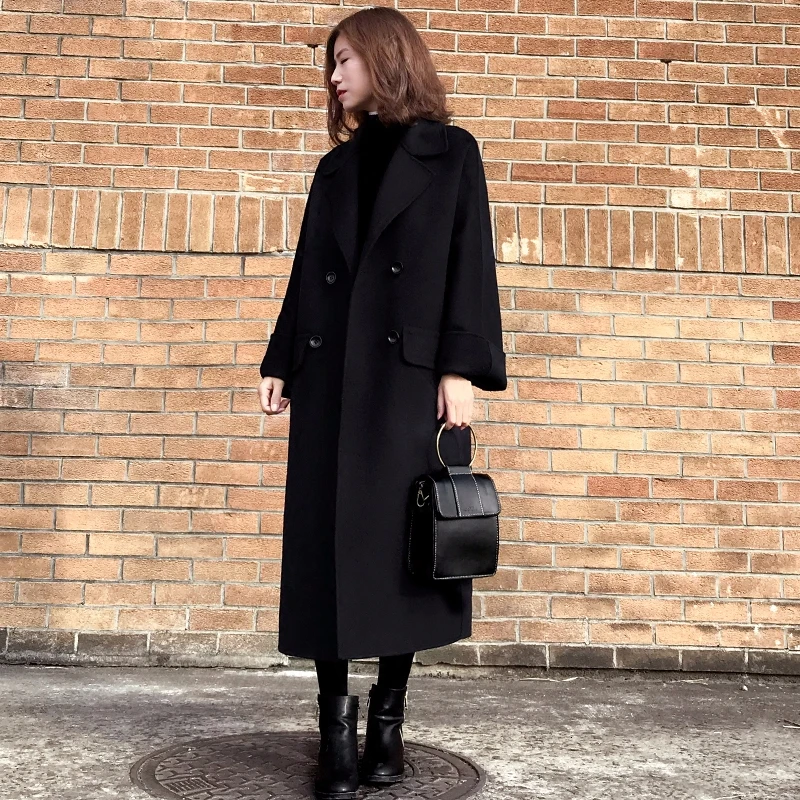 Vintage long double breasted Winter Coat Women Elegant black loose woolen coats modis new arrival jacket Plus size