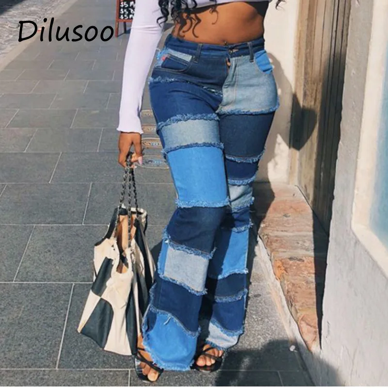 Джинсы Dilusoo женские с высокой талией расклешенные карманами 2020 Эластичные