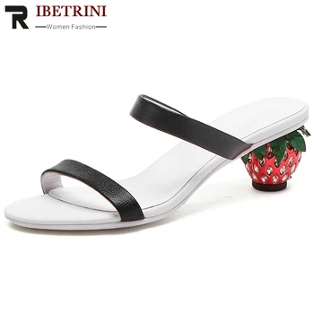 

RIBETRINI Women Genuine Leather Open Toe Shoes Women Slip On Style Strange Sandals 2020 Strawberry Fashion Pumps