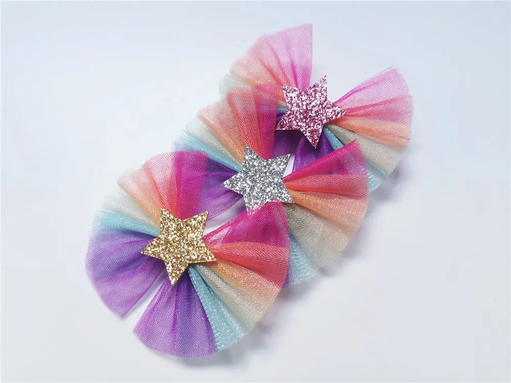 15pcs Fashion Cute Glitter Star Mesh Bow Hairpins Gradient Rainbow Bowknot Hair Clips Princess Headwear Girls Hair Accessories