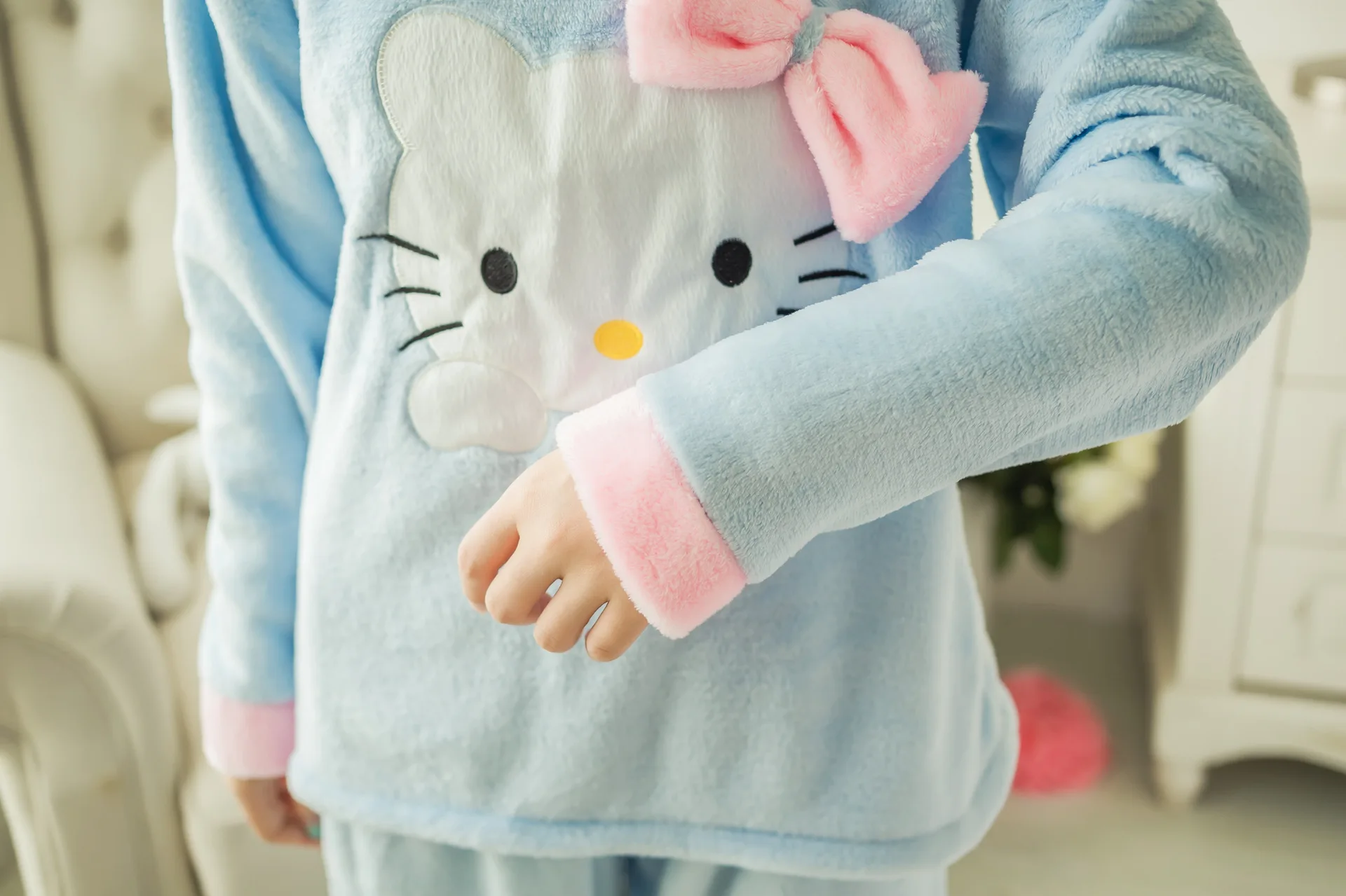 Женские пижамные комплекты с повязкой для волос hello kitty, женская одежда, пижамы с котом для девочек, зимняя плотная фланелевая домашняя одежда для девушек размера плюс