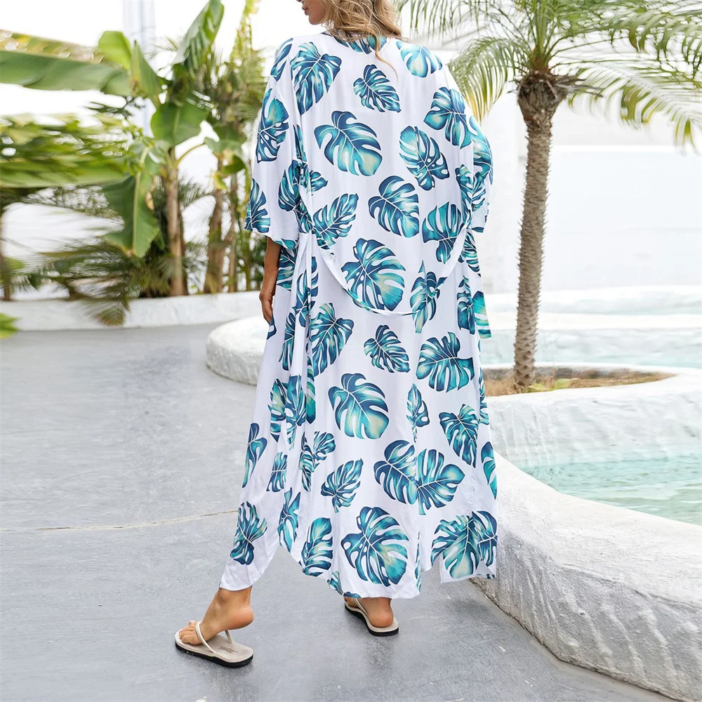 Banana Leaf Print Bikini Beach Cover Up Tunics Beach Long Kaftan Bikini Cover Up Robe de Plage Sarong Beach Swimsuit Cover-Ups 3 piece swimsuit with cover up