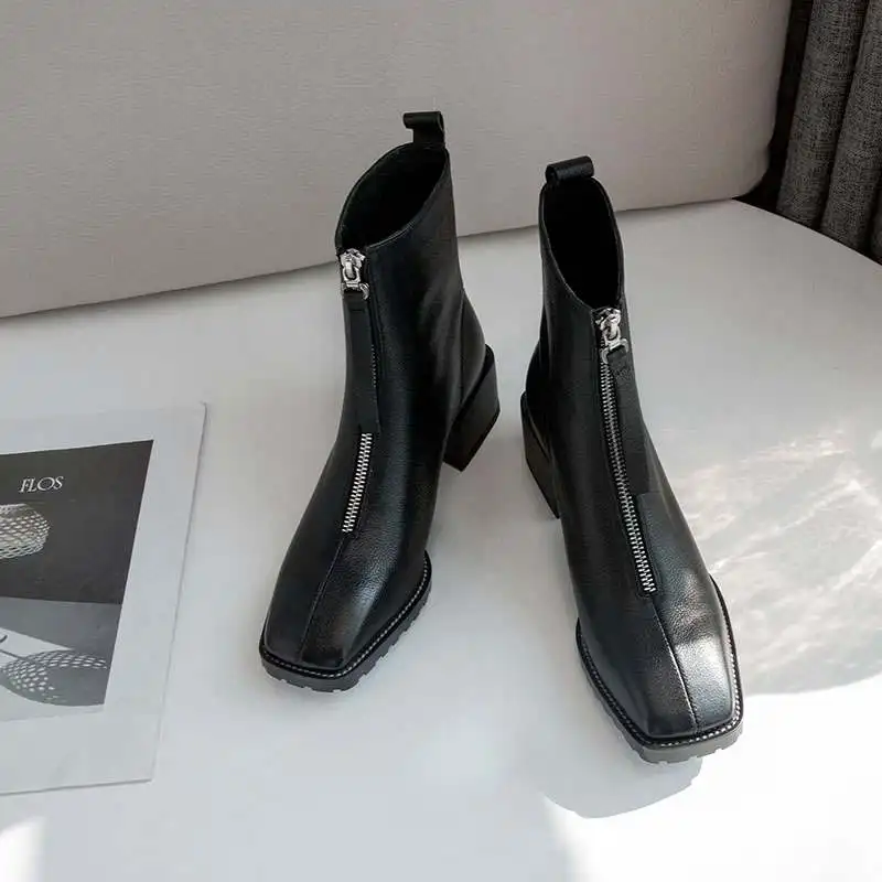 Skup Krazing pot prawdziwej skóry kwadratowych toe streetwear med obcasy zima utrzymać ciepłe z przodu na zamek błyskawiczny wysokiej mody Chelsea botki l23