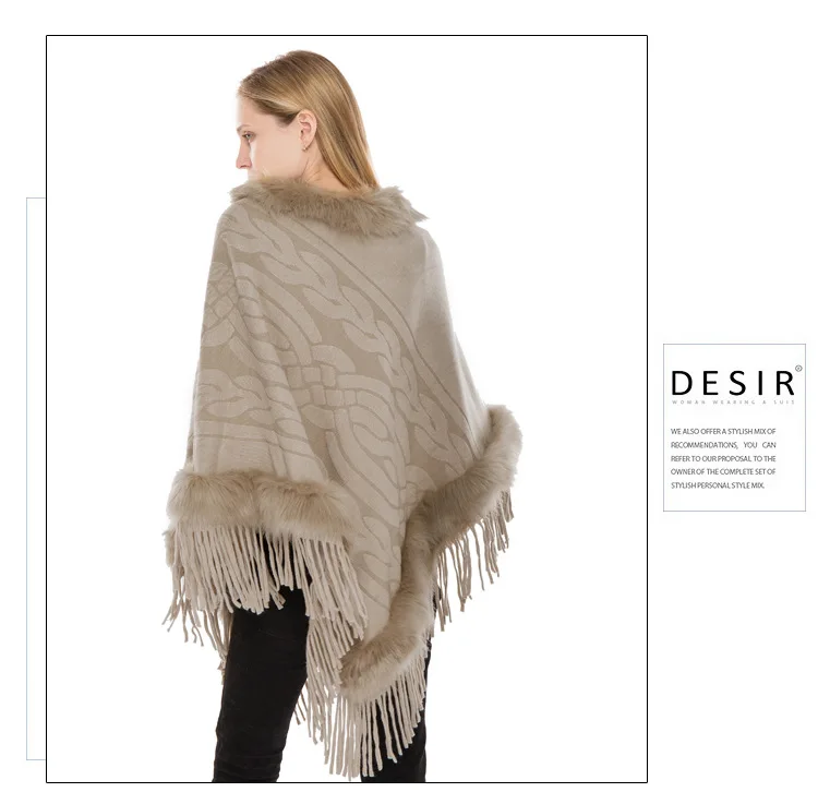 Fashion Women luxury Faux fur collar fur fringed ponchos and cape Top Quality Knitted Ponchos New warm Jacquard sweater shawls