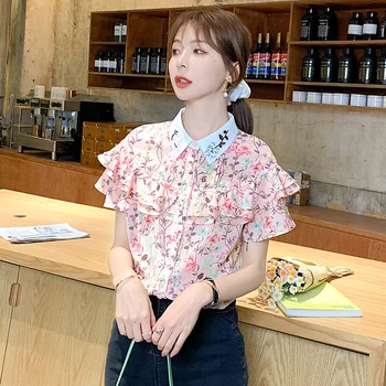

COIGARSAM Ruffles Shirt Womens tops New Summer Print Chiffon Women shirts 6601