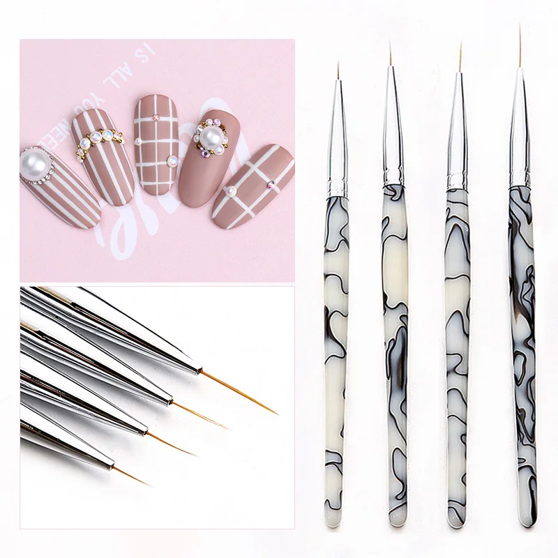 

4PCS UV Gel Liner Brush Set Drawing Pen Acrylic Polish Painting Brushes Nail Line Pens Marble Handle Nail Art Salon Tools Kit