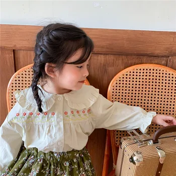 

Kids Shirts New Autumn Girls embroidery floral lapel collar long sleeve Shirts all-match Blouses for Baby girls children tops