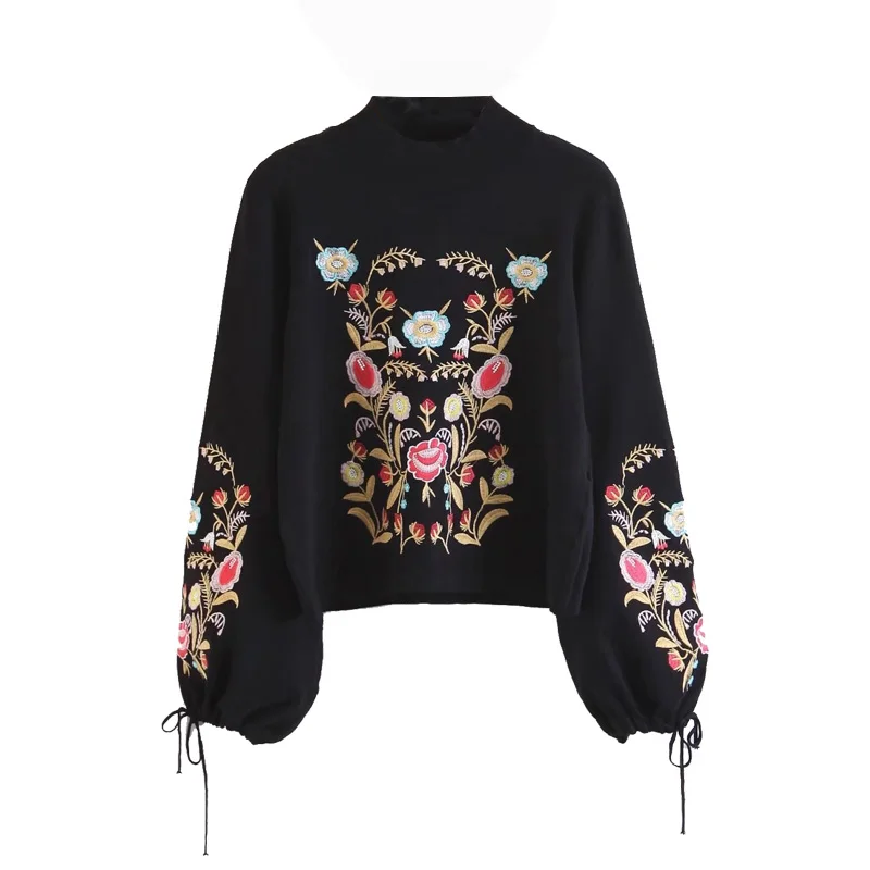 

TEELYNN long Sleeve Knitted Sweater Women Vintage black Floral Embroidery 2020 Turtleneck Pullovers boho Casual femme sweaters