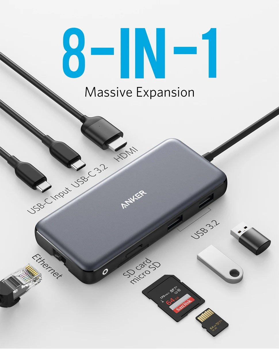 Anker HubPowerExpand 8-in-1 USB C Adapter with 100W Power Delivery A8383 description image 2