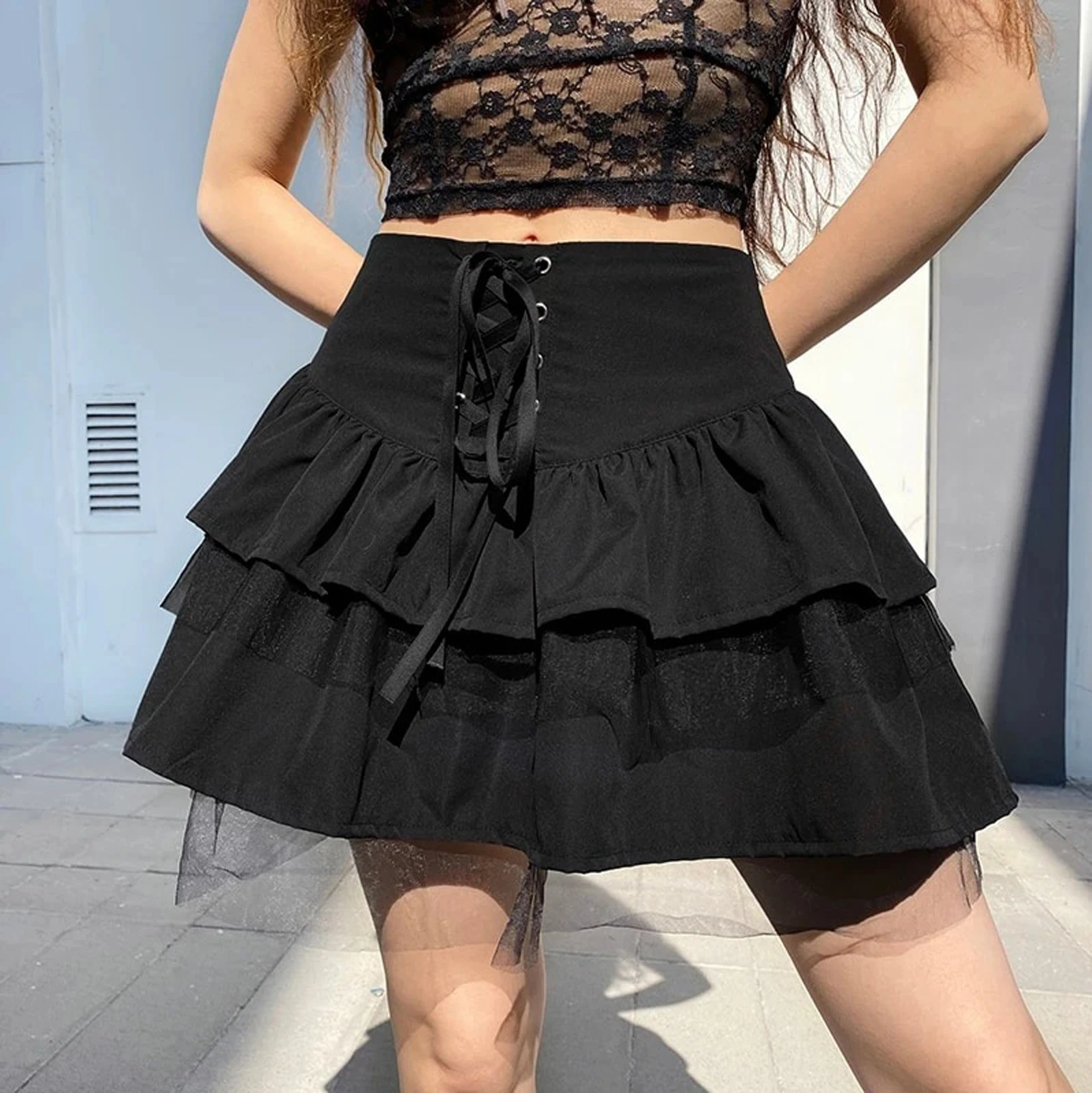 Gothic Aesthetic Lace Up Mini Skirt For 