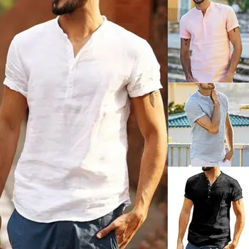 

Fashion Summer Casual Men's Shirts Short Sleeve Loose V-neck Linen Cotton Tops Clothes Solid Button Shirt Men Blouse Tops Tees