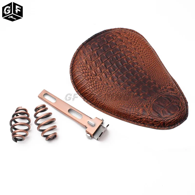 for Harley Custom Chopper Bobber Leather Saddle Seat Motorcycle Retro Brown Crocodile PU Solo Seat+3" Spring Bracket |