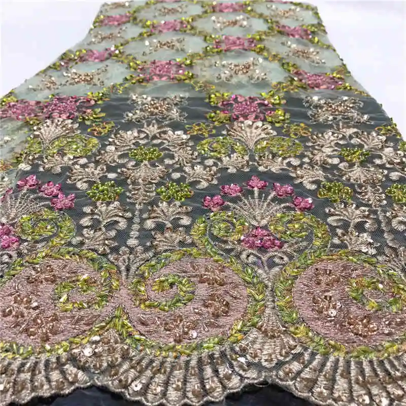 

Hot sales lace fabric 2019latest heavy Hand made beaded lace with stones Fabrics for Wedding/party Dresses Winn682