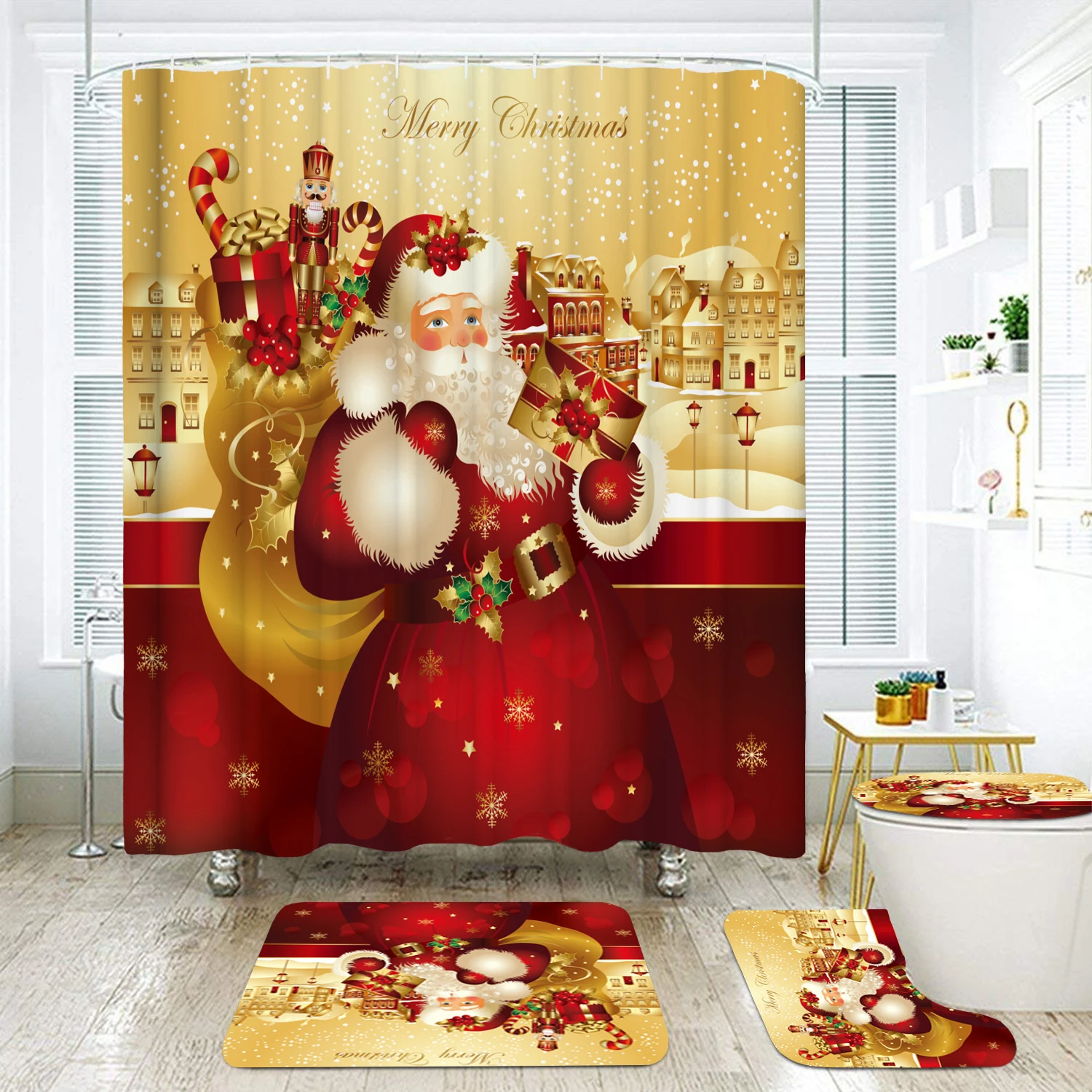 Рождественский олень, Санта Клаус, водонепроницаемая занавеска для ванной комнаты, набор s, занавеска для ванной, нескользящий коврик, крышка для унитаза, рождественские коврики