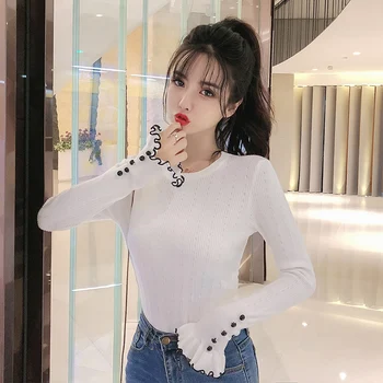 

A1908 # Early Autumn 2019 New Style Sweet Frilled Solid Color Slim Fit Slimming Hipster Long-sleeve Knitwear