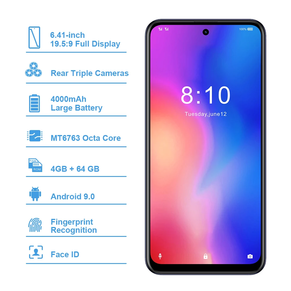 Смартфон с 5 дюймовым дисплеем восьмиядерным процессором MTK6763 ОЗУ 4 Гб ПЗУ 64 ГБ 4000
