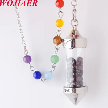 

7 Chakra Wishing Bottle Pendulum Reiki Natural Garnet Chip Stone Pendant Necklace for Women Men Divination Amulet WOJIAER PN8129