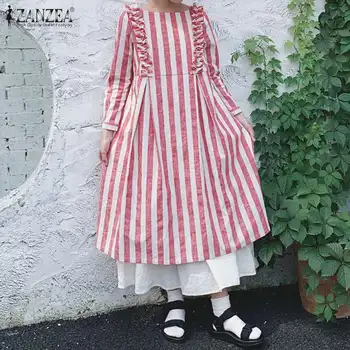 

Spring Ruffles Sundress ZANZEA Casual O Neck Dress Women Vintage Long Sleeve Striped Long Shirts Vestidos Female Robe Kaftan