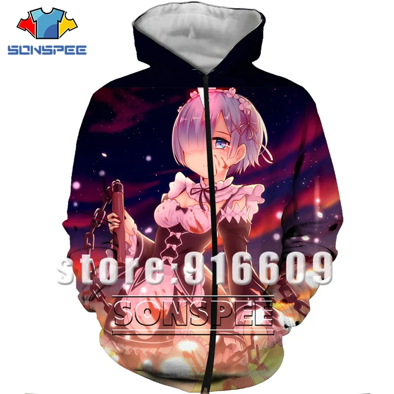 Re Zero Rem 3D Print Hooded Sweatshirt Women Men Ram Anime Hoodies Casual Design Jacket Harajuku style Pullover Zipper Hoodie (6)