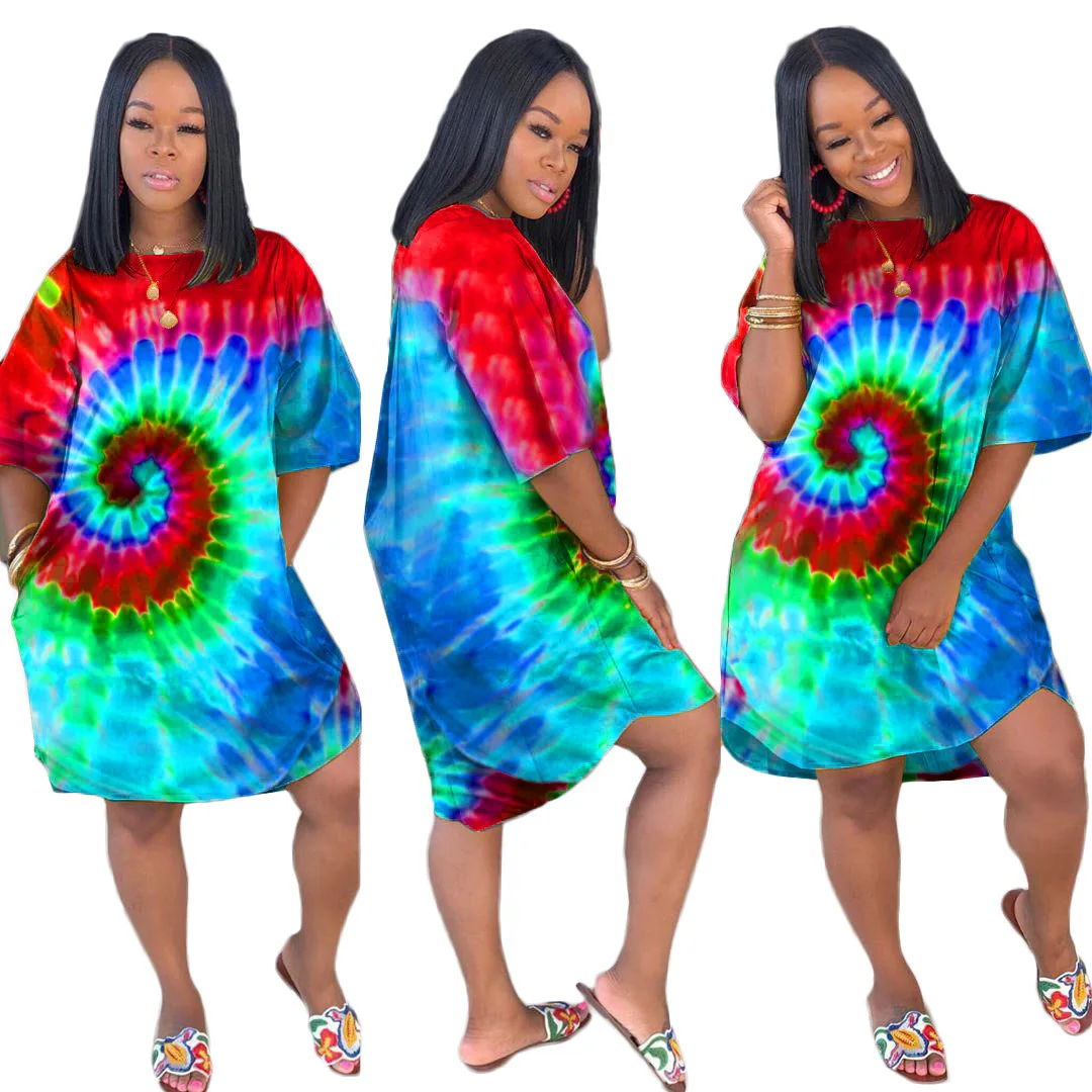 Платье с принтом "Tie Dye" размера плюс, женская одежда, модное платье с карманами, Повседневная Свободная футболка, платья, уличная одежда - Цвет: Red