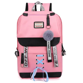 

Large Backpack School Bags for Teenage Girls Usb with Lock Anti Theft BackPack Youth Nylon Printing Black Bagpack Ribbon Fashion