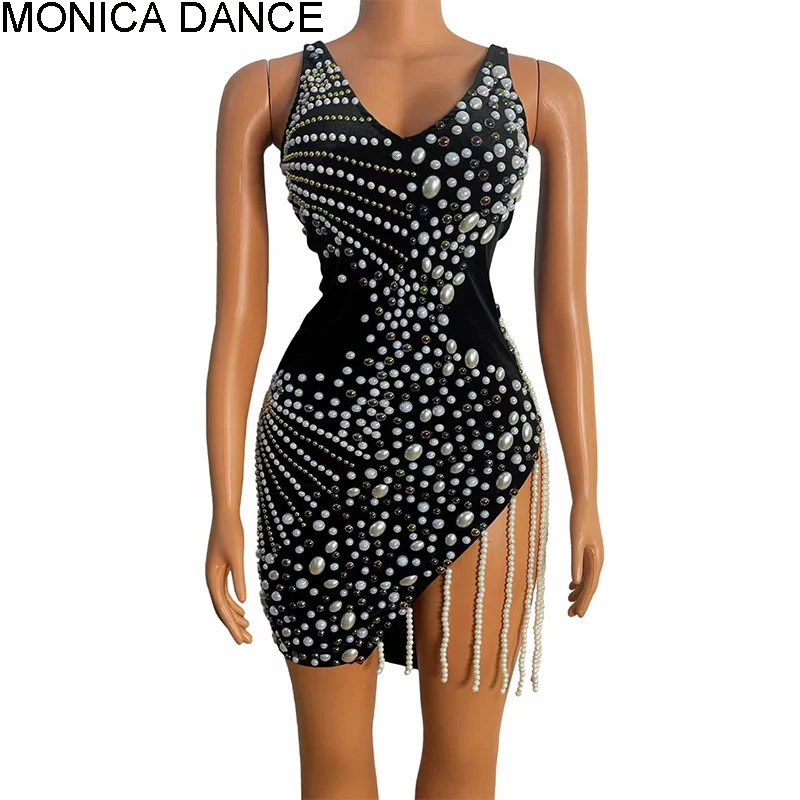 

Women Sexy Nightclub Pearls Fringe Irregular Dress Birthday Celebrate Prom Backless Outfit Women Dancer Evening Singer Dress