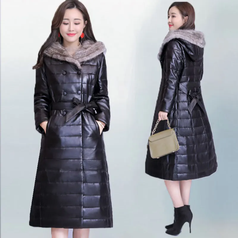 Mink Fur Collar Sheep Leather Down Jacket Women Fashion Hooded Long New Leather Jacket Female Waist Slim Plus Size Coat 71