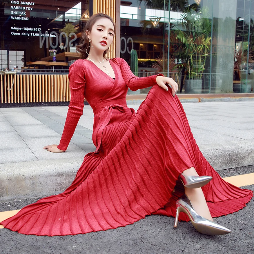 

Luxury Long Pleated Women Runway Winter Party Maxi Dress Shiny Long Sleeve Deep V Neck Sashes Celebrity Party Dresses Vestidos