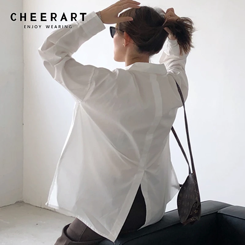 Женская блузка с длинным рукавом CHEERART белая Свободная разрезом сзади
