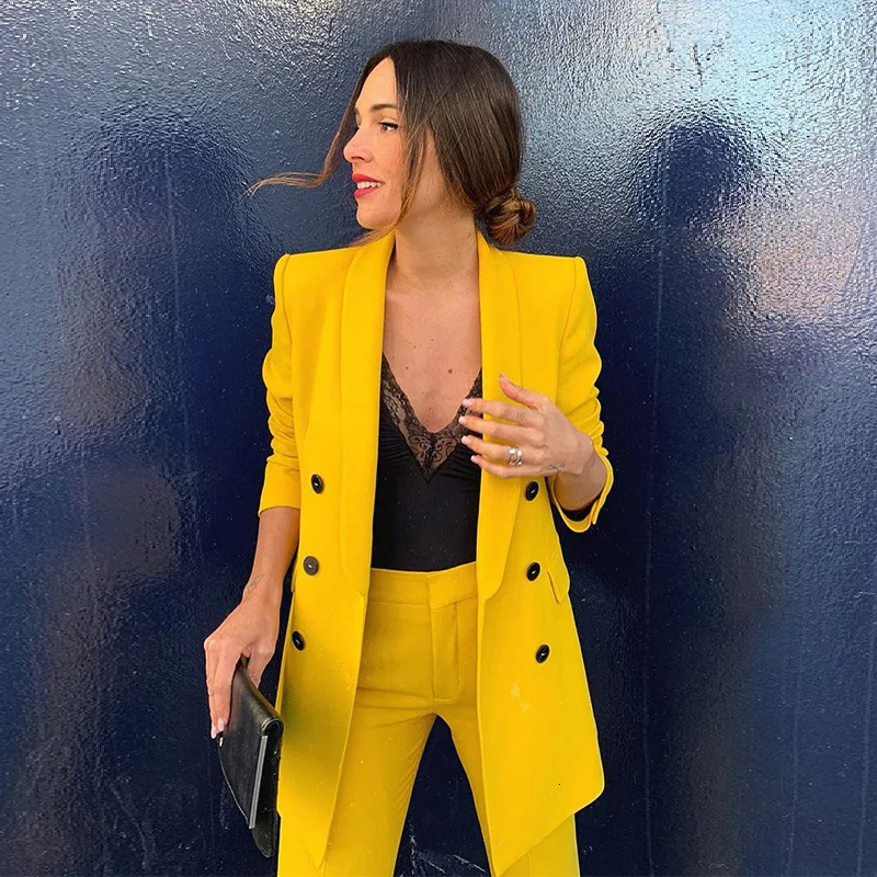 

Yellow Suits Blazer Feminino Wear To Work Long Sleeve Office Jacket Womens Blazers Suit Double Buttons Spring Summer Coat