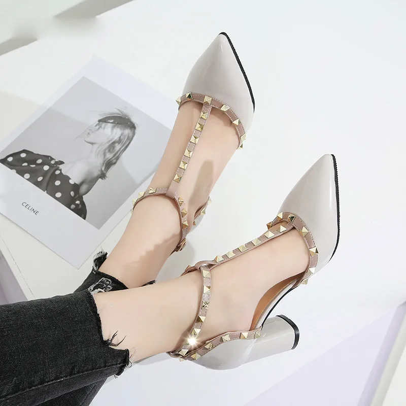 Summer Shoes High Heels T Strap Rivet Pumps chunky Heels Sandal Patent Leather Dress Shoes White wedding shoes Ladies 7579
