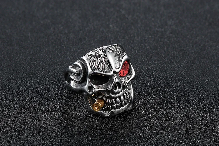 Stainless Steel Ring Finger Ring Men's Hip Hop Punk Red Eye Skull Bite Bullet Jewelry