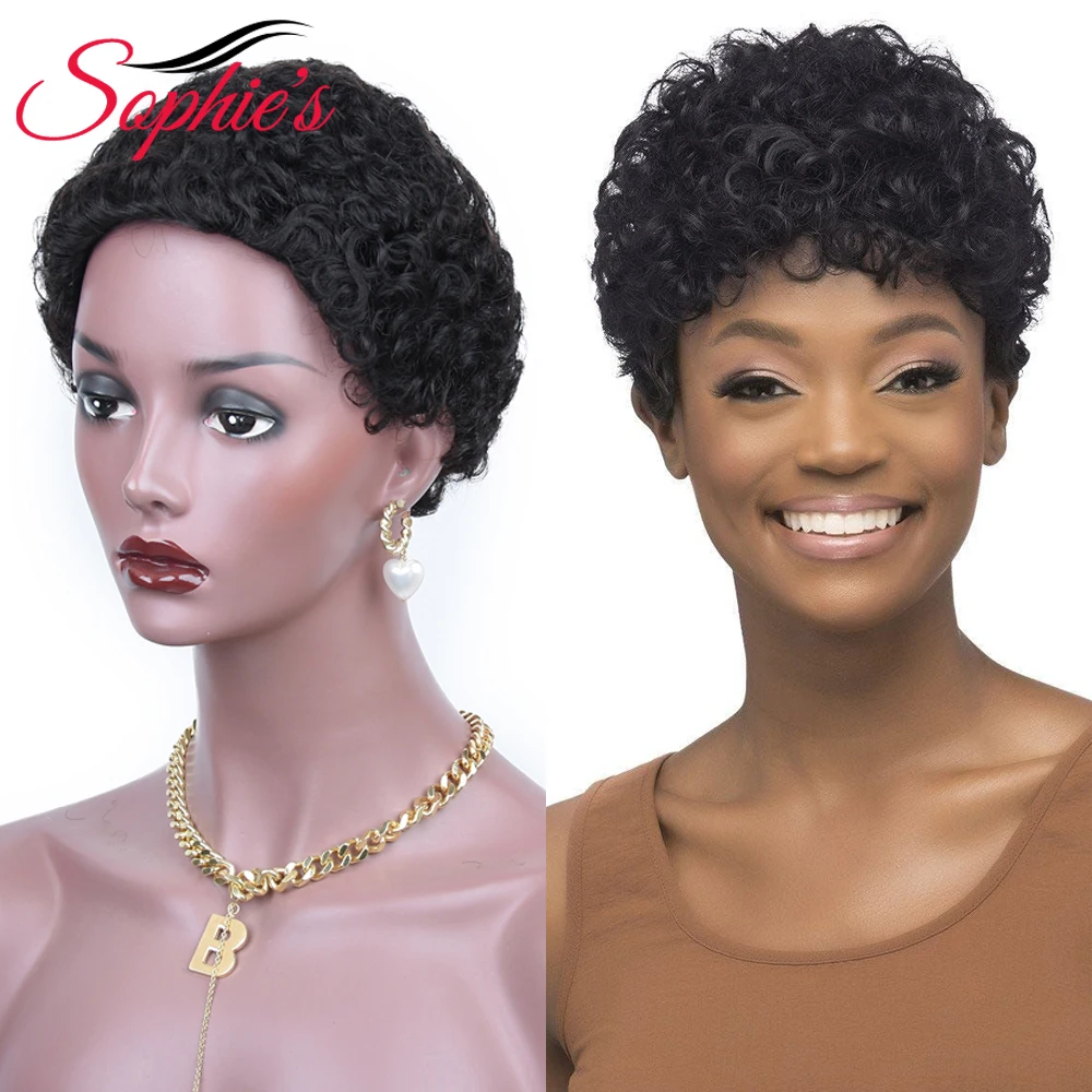 

Sophie's Jerry Curly Full Machine Made Brazilian Human Hair Wigs For Black Women Remy Hair 150% Density 2.75 Inch Short Wigs