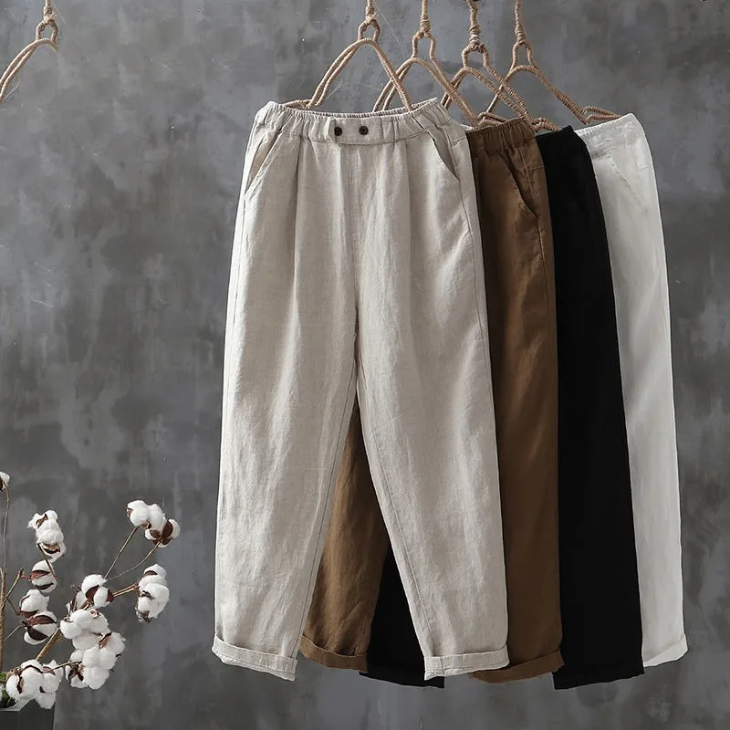 Pantalones de lino y algodón para mujer, pantalón hasta el tobillo, cintura elástica, holgado, informal, harén, de talla grande, Capri, primavera y verano
