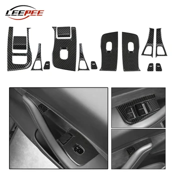 

LEEPEE Car Sticker For Tesla Model 3 2018 2019 Decoration Interior Window Lifter Switch Buttons Frame Cover Carbon Fiber Film